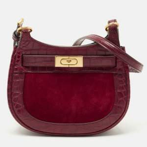Pre Owned Tory Burch Red Croc Embossed Leather and Suede Lee Radziwill Saddle Bag