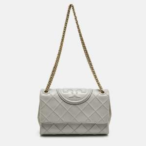 Pre Owned Tory Burch Grey Quilted Leather Fleming Soft Convertible Shoulder Bag