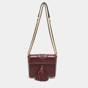 Pre Owned Tory Burch Burgundy Quilted Leather Fleming Tassel Crossbody Bag