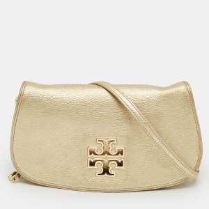 Pre Owned Tory Burch Gold Leather Britten Flap Crossbody Bag