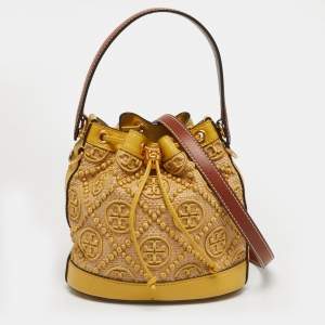 Pre Owned Tory Burch Yellow/Beige Leather and Raffia T Monogram Bucket Bag