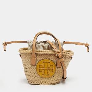 Pre Owned Tory Burch Tan/Natural Straw Mini Ella Basket Tote