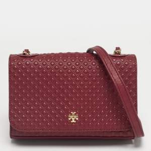 Pre Owned Tory Burch Burgundy Embossed Leather Marion Shoulder Bag