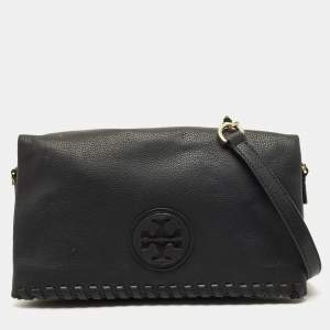 مملوكة مسبقًا Tory Burch Whipstitch Fold Over Black Leather Crossbody Bag