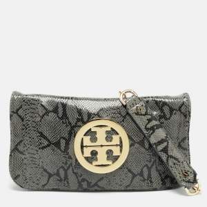 مملوكة مسبقًا Tory Burch Reva Flap Grey Python Print Suede Shoulder Bag