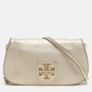 Pre Owned Tory Burch Britten Gold Leather Flap Crossbody Bag