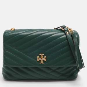 Pre Owned Tory Burch Kira Green Chevron Leather Shoulder Bag