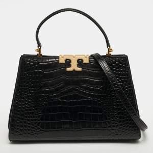 Pre Owned Tory Burch Eleanor Black Croc Embossed Leather Top Handle Bag