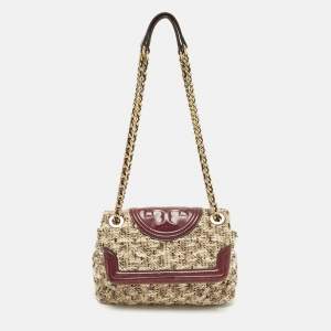Pre Owned Tory Burch Fleming Flap Small Burgundy/Beige Quilted Leather and Tweed Shoulder Bag