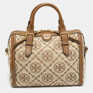 Pre Owned Tory Burch T Monogram Jacquard Tan/Beige Canvas and Leather Duffel Bag