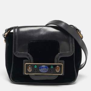 Pre Owned Tory Burch Crystal Embellished Black Leather and Velvet Flap Crossbody Bag