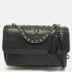 مملوكة مسبقًا Tory Burch Fleming Black Leather Distressed Flap Shoulder Bag