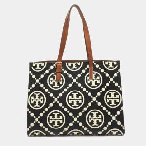 Pre Owned Tory Burch Monogram T Embossed Black/Off White Leather Contrast Tote