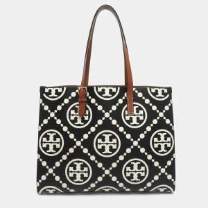 Pre Owned Tory Burch Monogram T Embossed Black/Off White Leather Contrast Tote