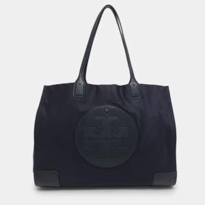 Pre Owned Tory Burch Ella Large Navy Blue Leather and Nylon Shopper Tote