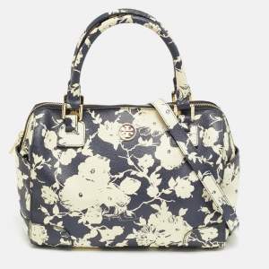Pre Owned Tory Burch Robinson Navy Blue/Cream Floral Print Coated Canvas Satchel