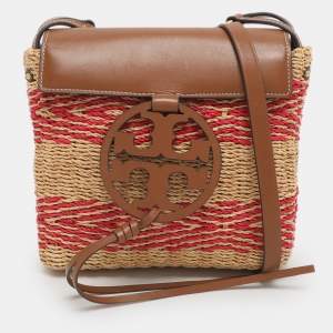 Pre Owned Tory Burch Miller Beige/Pink Leather and Straw Flap Crossbody Bag