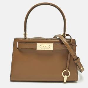 Pre Owned Tory Burch Lee Radziwill Petite Brown Leather Top Handle Bag