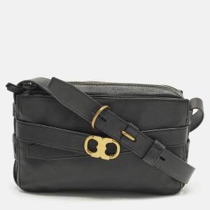 Pre Owned Tory Burch Gemini Link Black Leather Camera Crossbody Bag