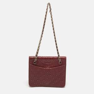 Pre Owned Tory Burch Fleming Small Burgundy Leather Shoulder Bag