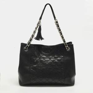 Pre Owned Tory Burch Fleming Black Leather Chain Tote