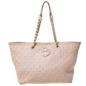 Pre Owned Tory Burch Beige Quilted Leather Marion Tote