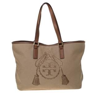 Pre Owned Tory Burch Khaki Canvas and Leather Shopper Tote