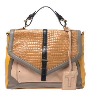 Pre Owned Tory Burch Multicolor Croc Embossed Leather Top Handle Bag