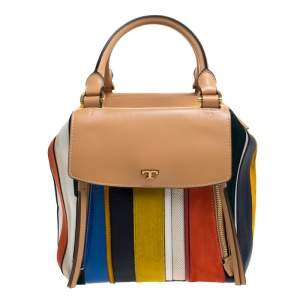 مملوكة مسبقًا Tory Burch  Multicolor Leather/Suede/Calfhair and Canvas Balloon Stripe Half Moon Satchel                                   