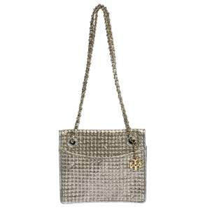 Pre Owned Tory Burch Metallic Silver Leather and Glitters Flap Shoulder Bag