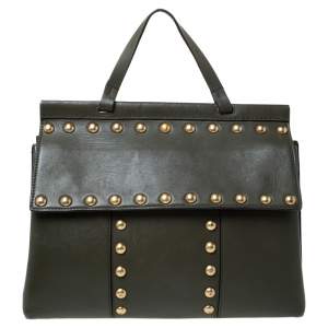Pre Owned Tory Burch Olive Green Leather Block-T Studded Top Handle Bag