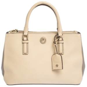 Pre Owned  Tory Burch Beige/Grey Leather Robinson Double Zip Tote