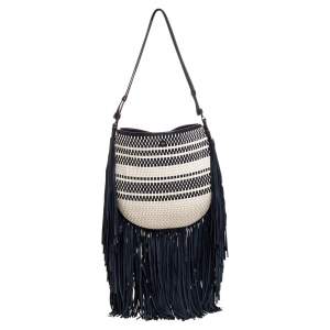 مملوكة مسبقًا Tory Burch Blue/White Woven Leather and Fabric Fringe Hobo