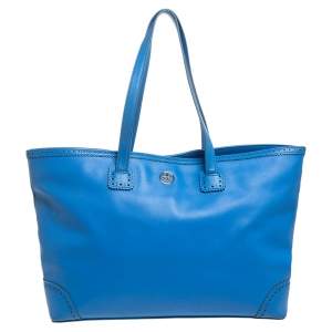 Pre Owned Tory Burch Blue Leather Shopper Tote