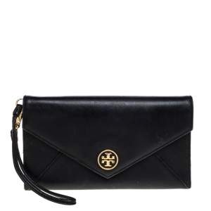 Pre Owned Tory Burch Black Leather Robinson Wristlet Clutch