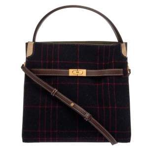Pre Owned Tory Burch Multicolor Check Wool and Suede Lee Radziwill Top Handle Bag