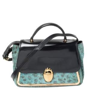 Pre Owned Tory Burch Navy Blue/Turquoise Leather Top Handle Bag