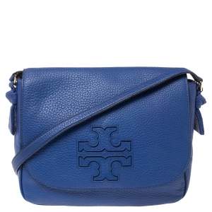 Tory Burch Blue Leather Harper Flap Messenger Bag