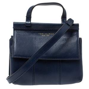 Pre Owned Tory Burch Navy Blue Leather Mini Block T Top Handle Bag