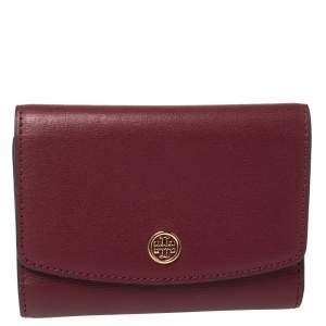 Pre Owned Tory Burch Marron Textured Leather Robinson Compact Wallet
