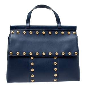 Pre Owned Tory Burch Navy Blue Leather Block-T Studded Top Handle Bag