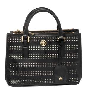 Pre Owned Tory Burch Black Perforated Leather Small Robinson Double Zip Tote