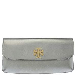 Pre Owned Tory Burch Metallic Silver Leather Slim Diana Flap Clutch