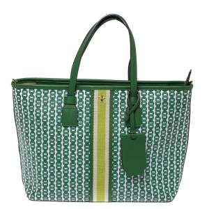 Pre Owned Tory Burch Green Coated Canvas Small Gemini Link Tote