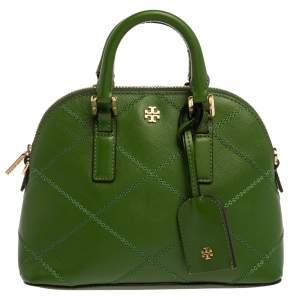 Pre Owned Tory Burch Green Leather Mini Stitched Robinson Satchel