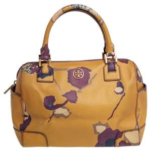Pre Owned Tory Burch Yellow Floral Print Leather Robinson Middy Satchel