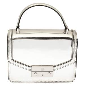 Pre Owned Tory Burch Metallic Silver Leather Mini Juliette Top Handle Bag