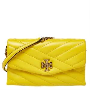 Pre Owned Tory Burch Yellow Leather Kira Chain Clutch