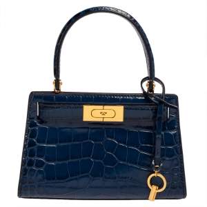 Pre Owned Tory Burch Blue Croc Embossed Leather Lee Radziwill Petite Top Handle Bag