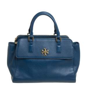 Tory Burch Blue Leather Mercer Double Zip Dome Satchel 